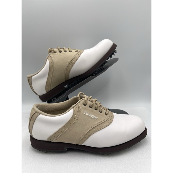 FOOTJOY GreenJoys Womens‎ White Leather Khaki Trim Golf Shoes Size 7.5 M - Picture 4 of 10